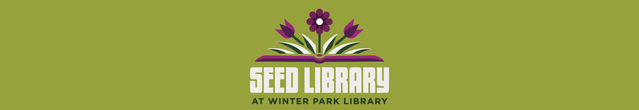 Seed Library at Winter Park Library banner with graphic of flowers growing from a book